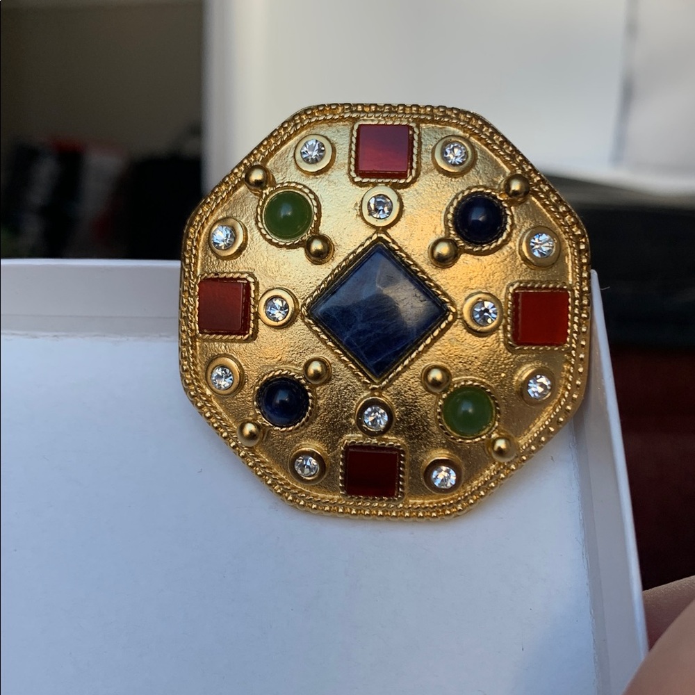 Vintage, octagonal brooch pin, gold tone with semi precious stones